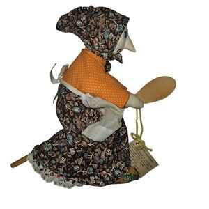 Vintage Lucky Kitchen Witch Doll Handmade Fabric Wooden Spoon Broom Folk Art Tag